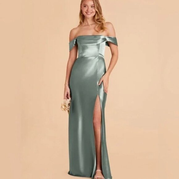 Birdy Grey Mia Shiny Satin Dress Gown Sea Glass High Slit Small Women's NWT - Picture 1 of 13